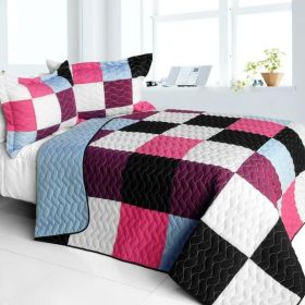 [Sweet Berry Smack] 3PC Vermicelli-Quilted Patchwork Quilt Set (Full/Queen Size)