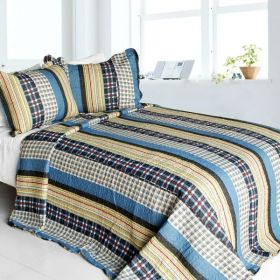 [Mr. Curiosity] Cotton 3PC Vermicelli-Quilted Striped Printed Quilt Set (Full/Queen Size)