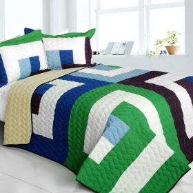 [Dizzy Sun] Vermicelli-Quilted Patchwork Geometric Quilt Set Full/Queen