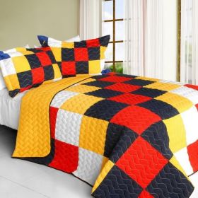 [That Galantis] Vermicelli-Quilted Patchwork Geometric Quilt Set Full/Queen