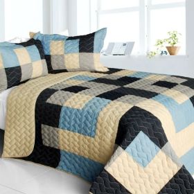 [Russian Coffee] 3PC Vermicelli-Quilted Patchwork Quilt Set (Full/Queen Size)