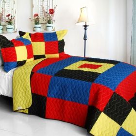 [Checkers] 3PC Vermicelli-Quilted Patchwork Quilt Set (Full/Queen Size)