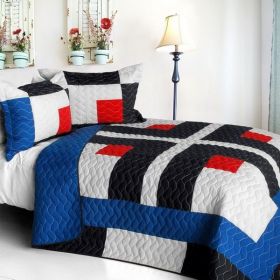 [Ending] Vermicelli-Quilted Patchwork Geometric Quilt Set Full/Queen