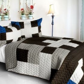 [Milky Quartz - B] Vermicelli-Quilted Patchwork Geometric Quilt Set Full/Queen