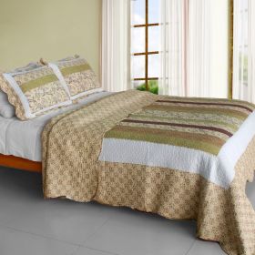 [Beige Paisley] Cotton 3PC Vermicelli-Quilted Printed Quilt Set (Full/Queen Size)