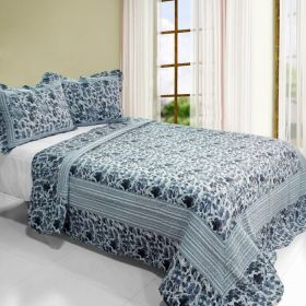 [Blue Impression] 3PC Cotton Vermicelli-Quilted Printed Quilt Set (Full/Queen Size)