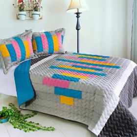 [Creative Life] 3PC Vermicelli-Quilted Patchwork Quilt Set (Full/Queen Size)