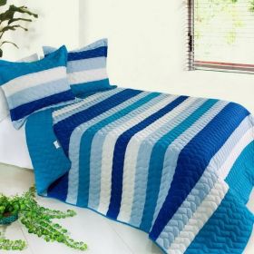 [Blue Sky] 3PC Vermicelli-Quilted Striped Quilt Set (Full/Queen Size)