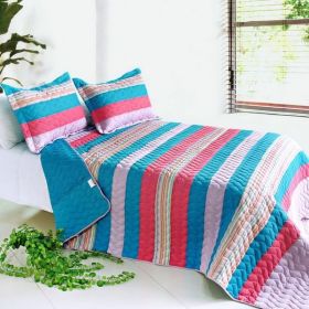 [Colorful Sky] 3PC Vermicelli-Quilted Striped Quilt Set (Full/Queen Size)